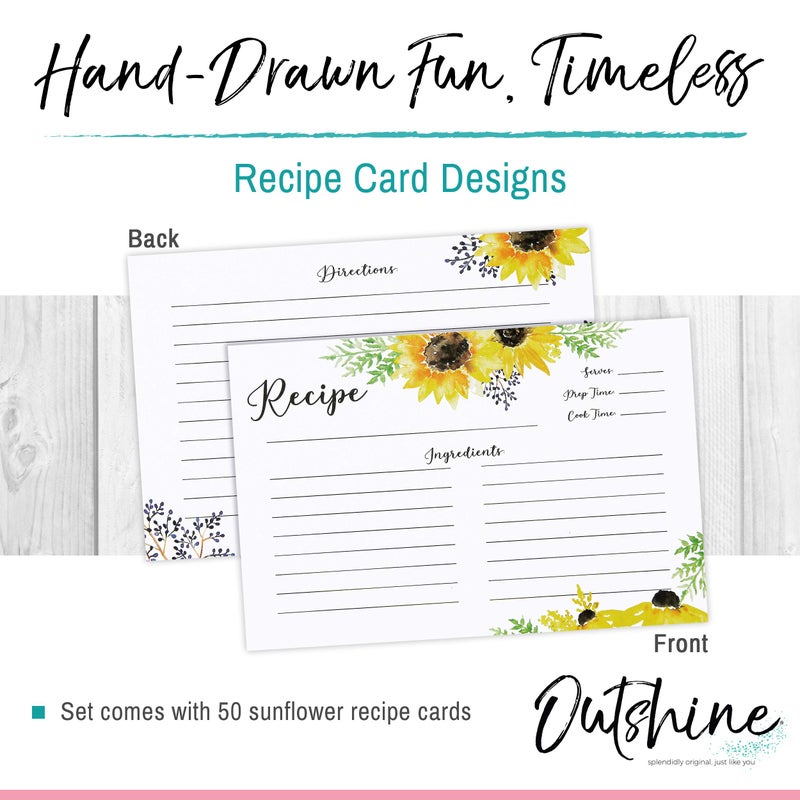Outshine Premium Recipe Cards 4x6 Inches, Sunflower Design (Set of 50) | No-Smear Double Sided Thick Cardstock | Bulk Blank Recipe Cards for Recipe Box 4x6 Recipe Holders - Image 2
